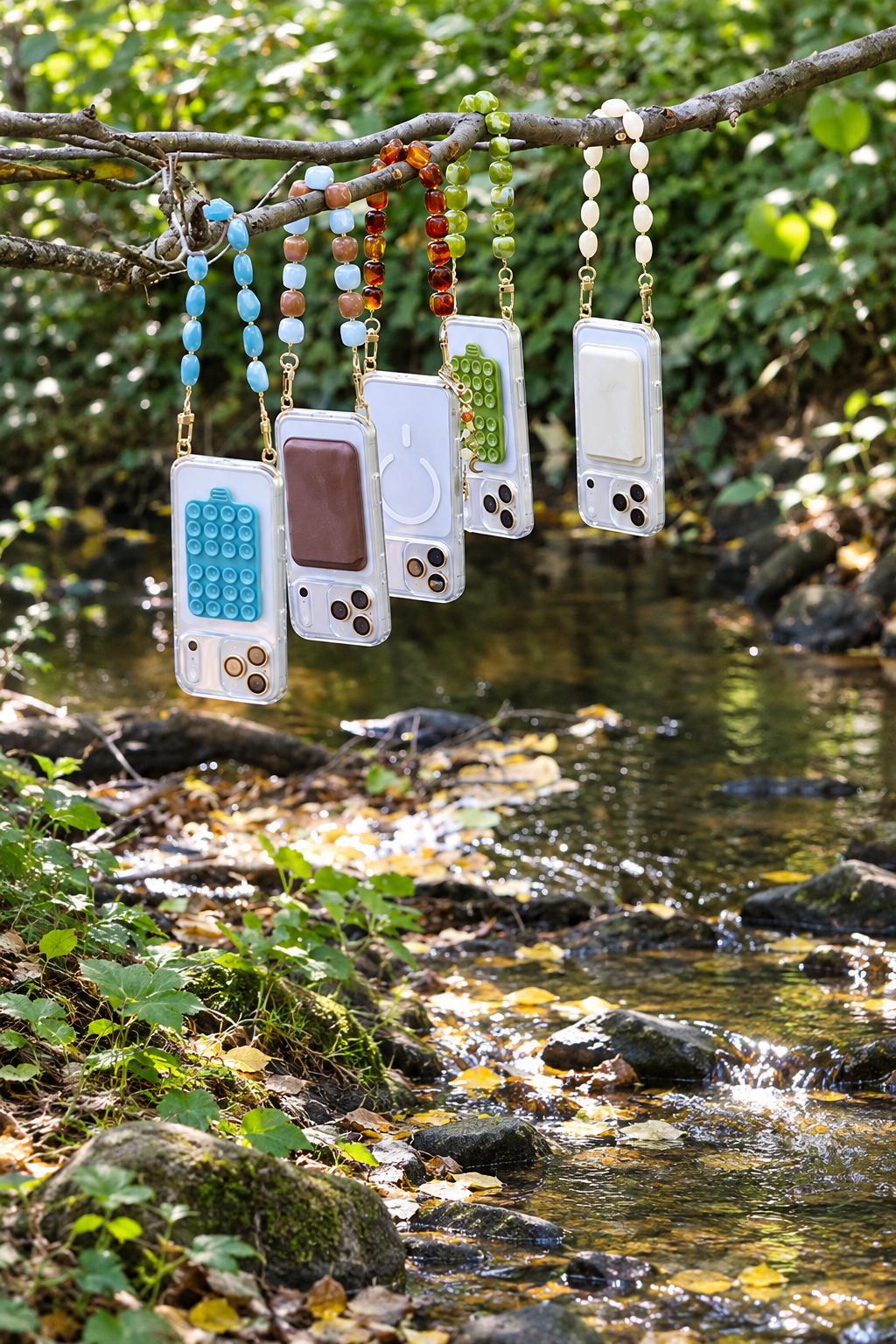 Coques et chaînes de la collection Harmonie Naturelle suspendues à une branche au-dessus d'un ruisseau